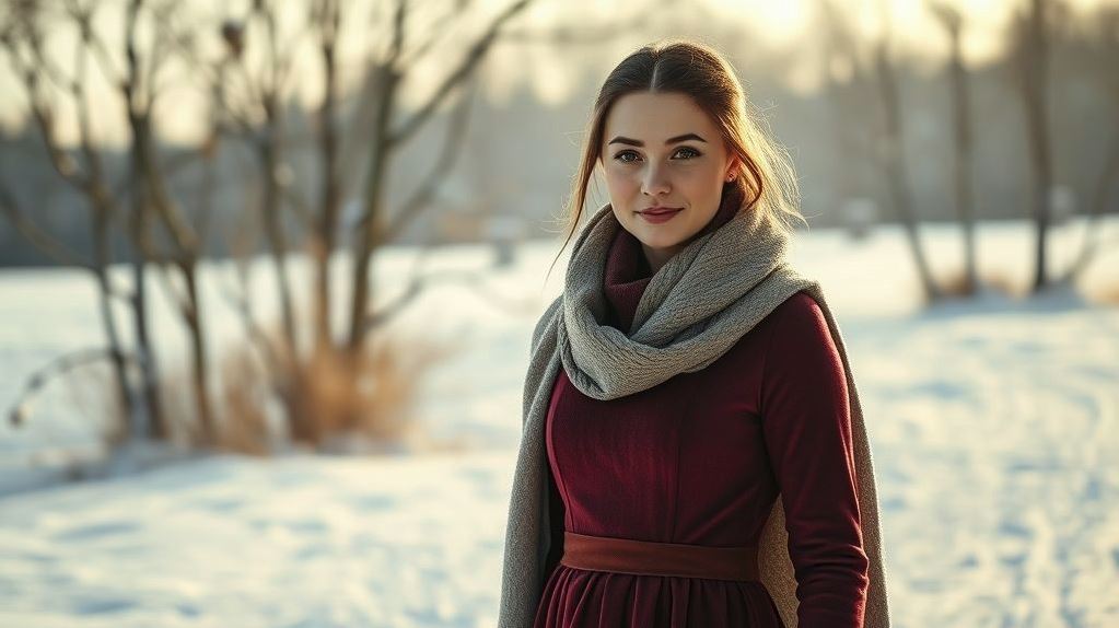 девушка в платье с рукавами зимой