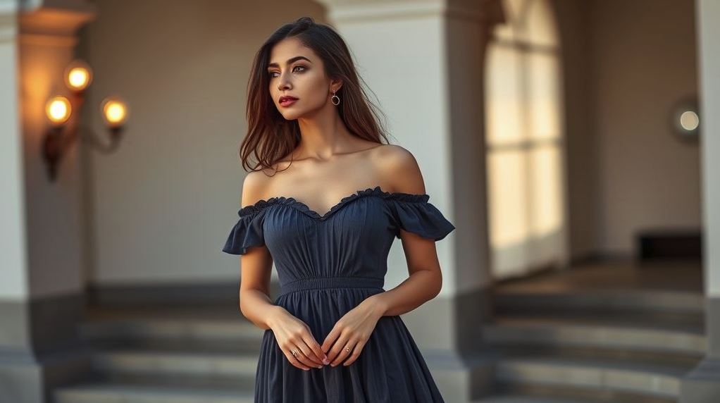 женщина в платье с открытыми плечами