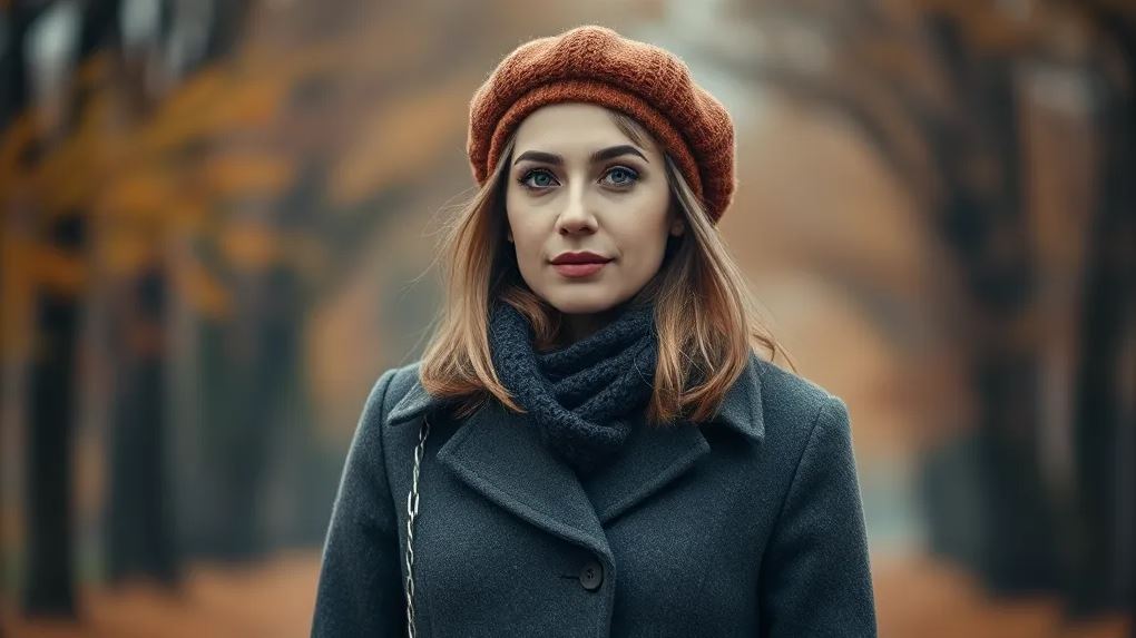 женщина в пальто и шерстяном берете осенью