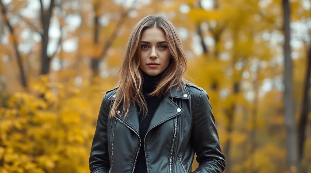 женщина в куртке-косуха осенью