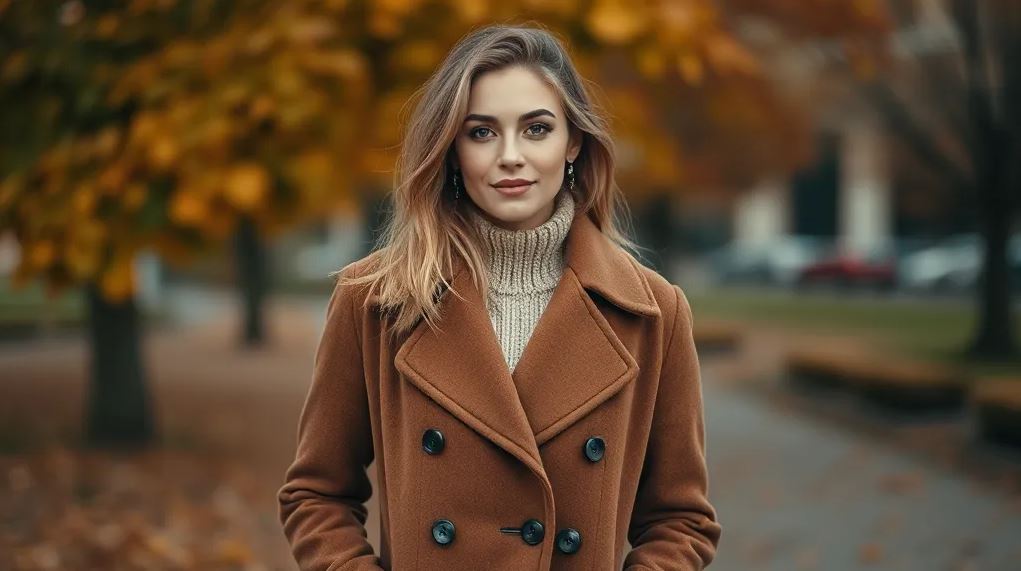 Женщина в стильном пальто осенью