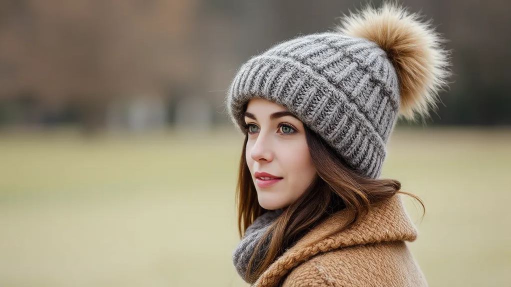 женщина в шапке с меховым помпоном
