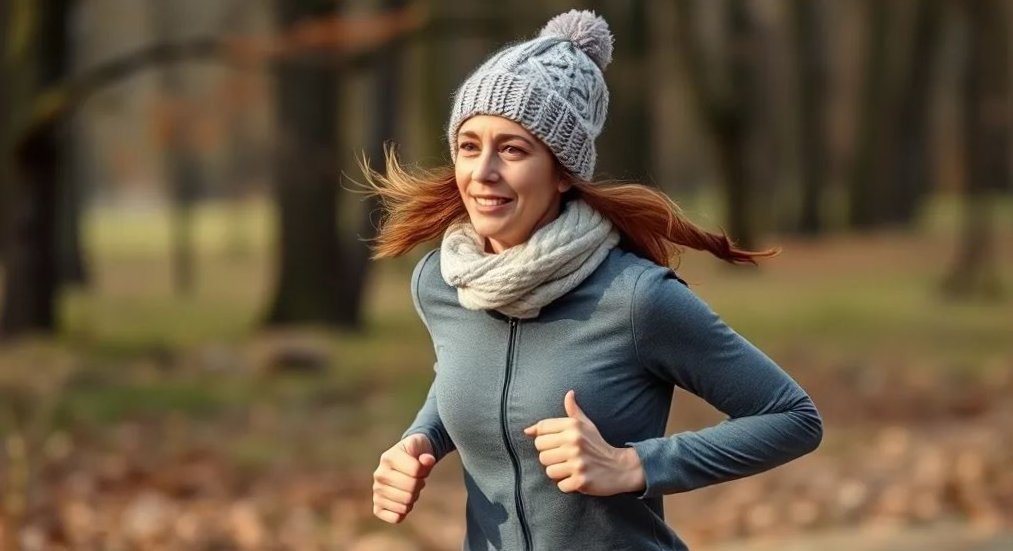 женщина в вязанной шапке бегает