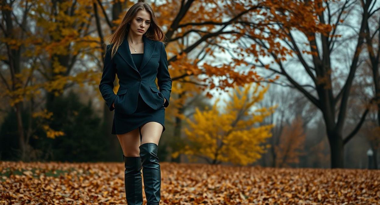женщина в строгом жакете мини-юбке и высоких сапогах осенью
