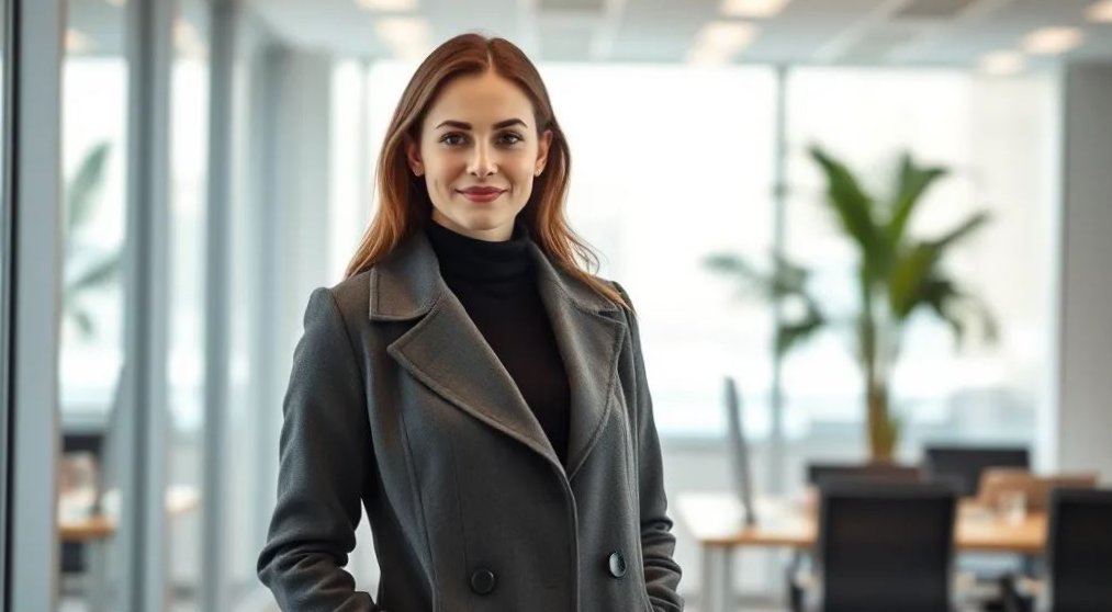 женщина в пальто в офисе