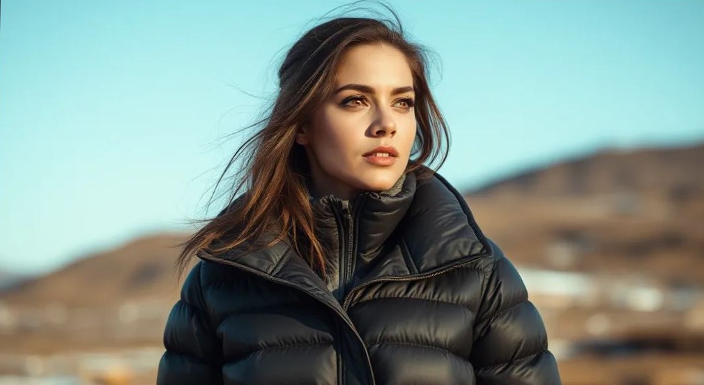 Женщина в укороченном пуховике с молнией