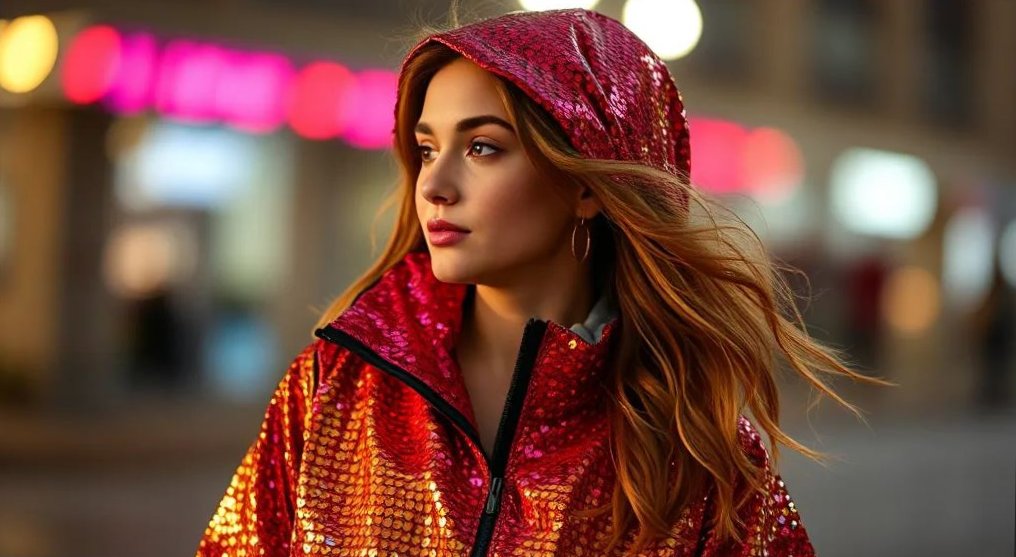 женщина в ветровке с пайетками