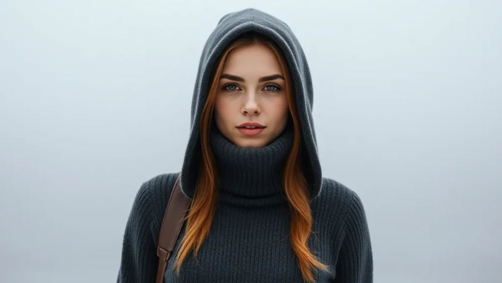 женщина в водолазке с капюшоном