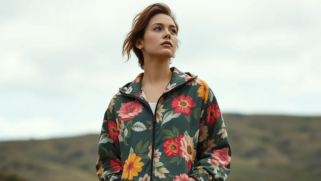 женщина в ветровке с цветочным принтом