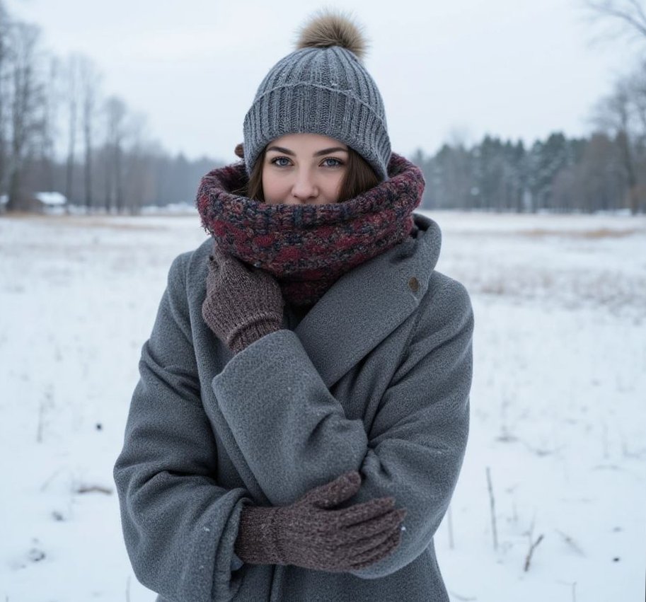 женщина в шерстяной шапке, шарфе, перчатках и пальто на фоне зимнего пейзажа