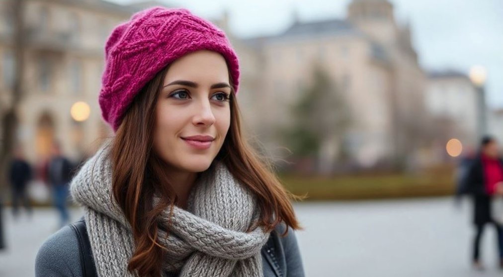 девушка в двусторонней шапке