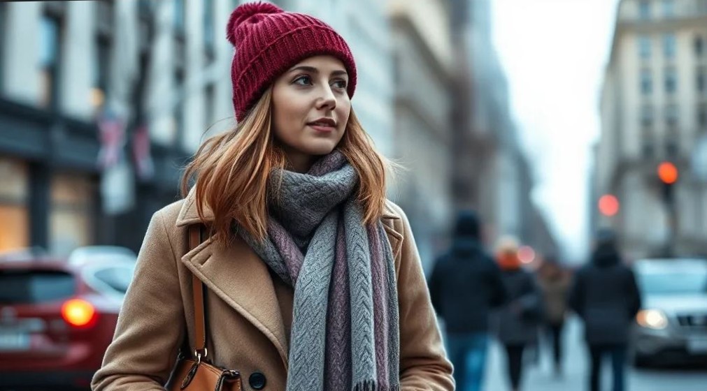 Зимний минимализм в аксессуарах: женщина зимой в городе в пальто, шапке бини, шарф, сумка