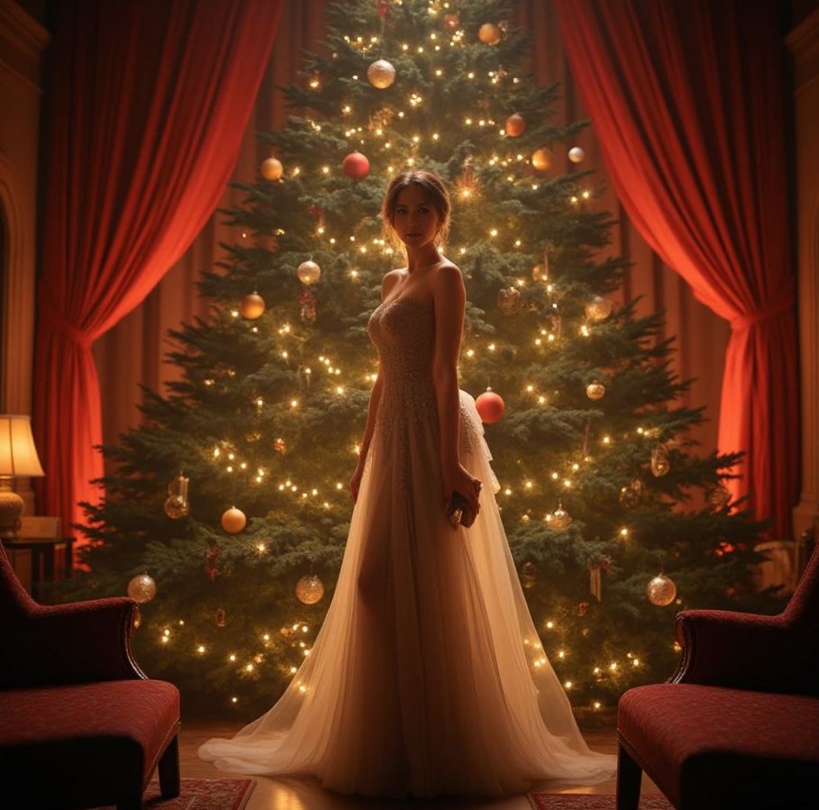 Женщина в платье на фоне елки