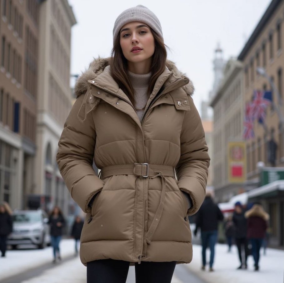 женщина в пуховике с поясом на талии зимой в городе