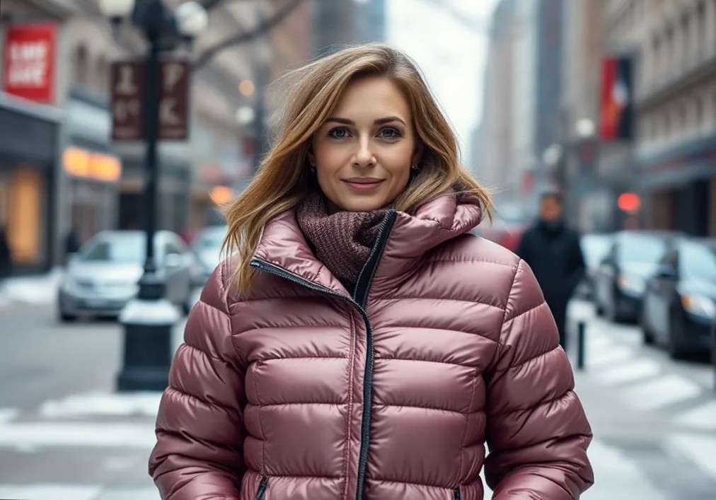 женщина в пуховике без капюшона в городе зимой