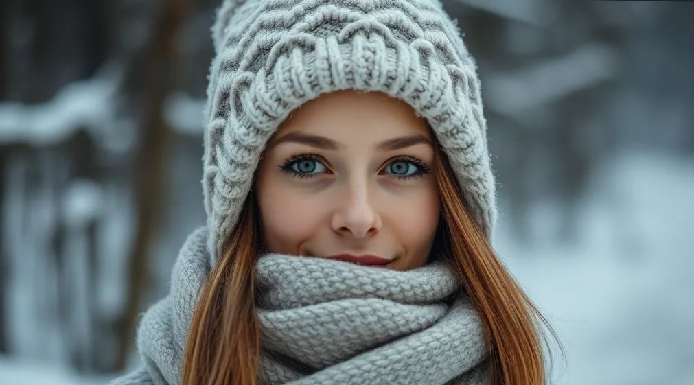 женщина в шапке-снуды зимой