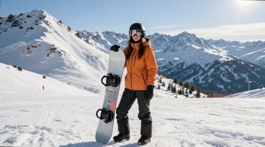 женщина в горах со сноубордом в Шапке-маске на фоне горнолыжного курорта