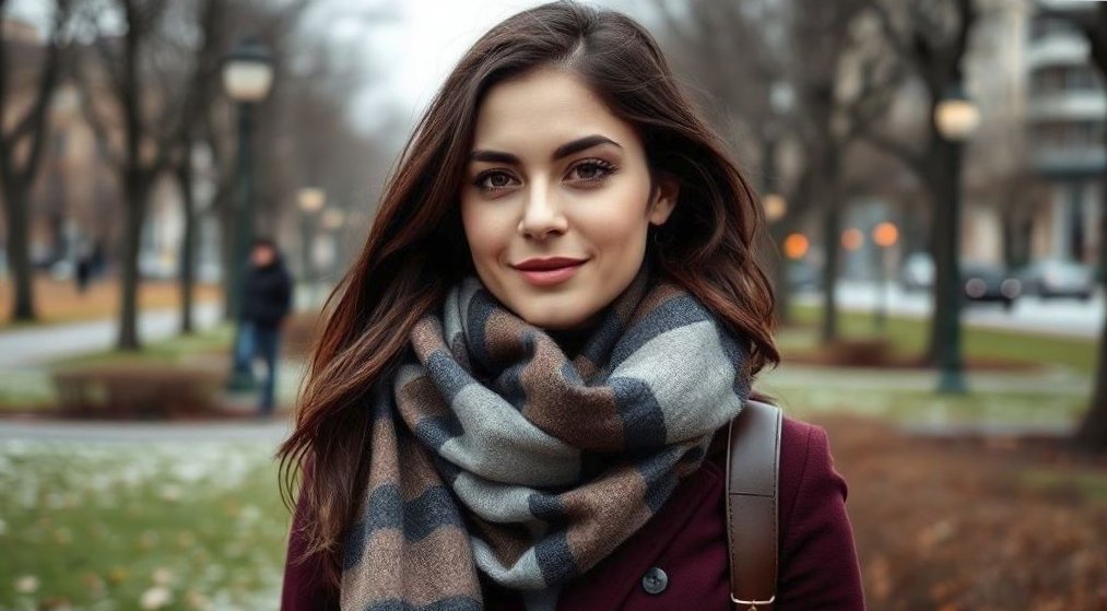 женщина в городском парке со стильным шарфом