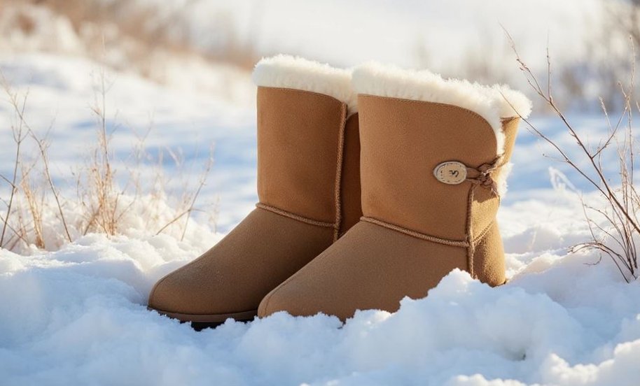 пара женских угги на фоне зимнего пейзажа