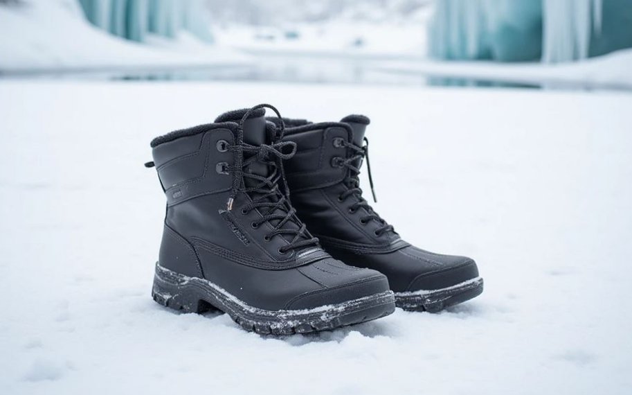 зимние женские ботинки на фоне снега и льда