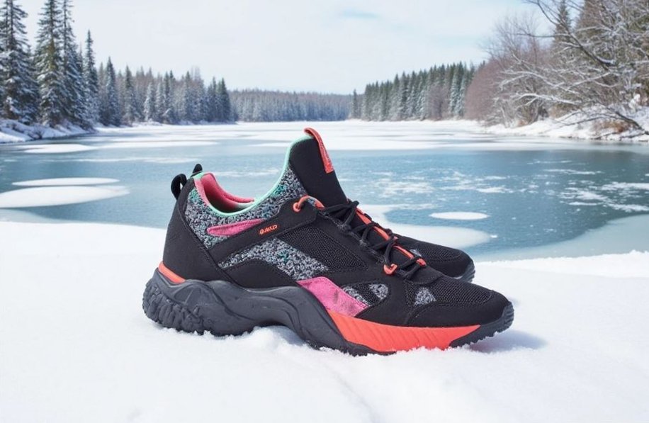 Женские зимние кроссовки с подогревом на фоне зимнего пейзажа