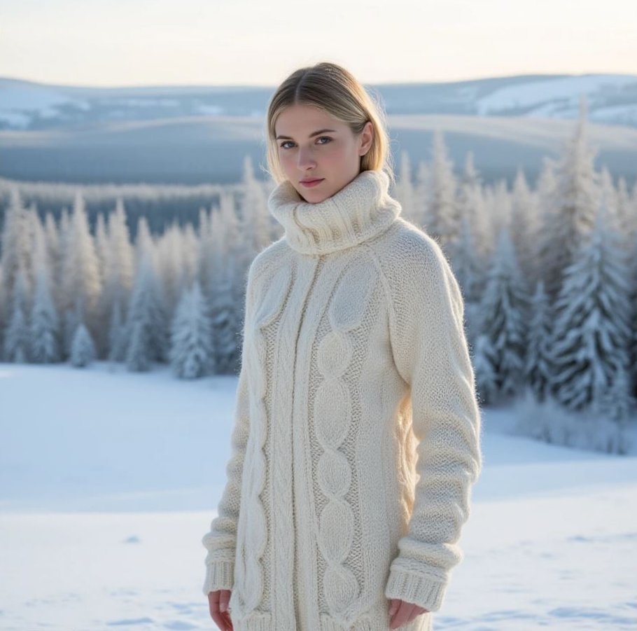 женщина в платье вязанном «косичкой» с объемным аранским узором, на фоне зимнего пейзажа