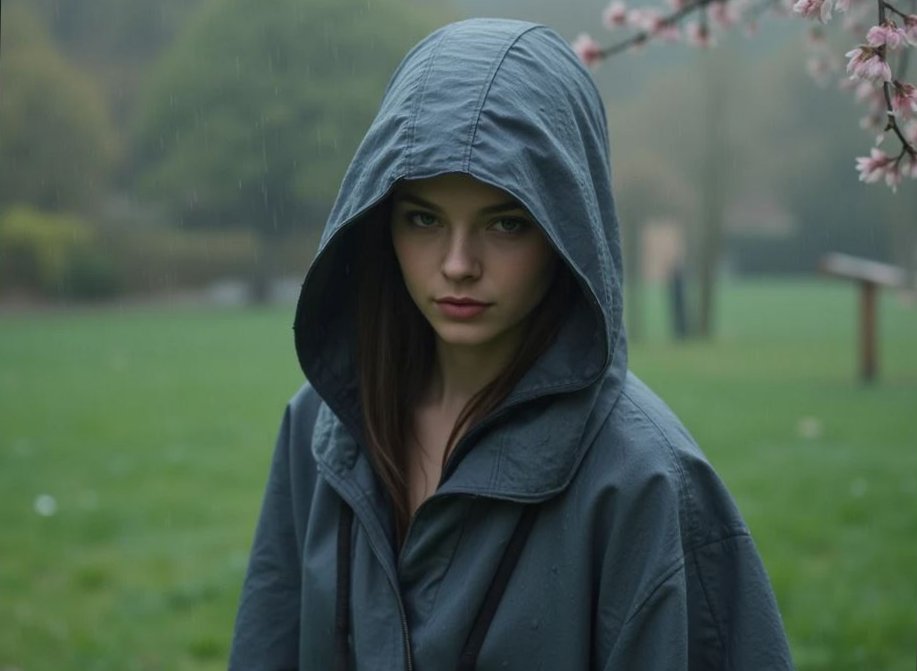 женщина в плаще с капюшоном в дождь весной